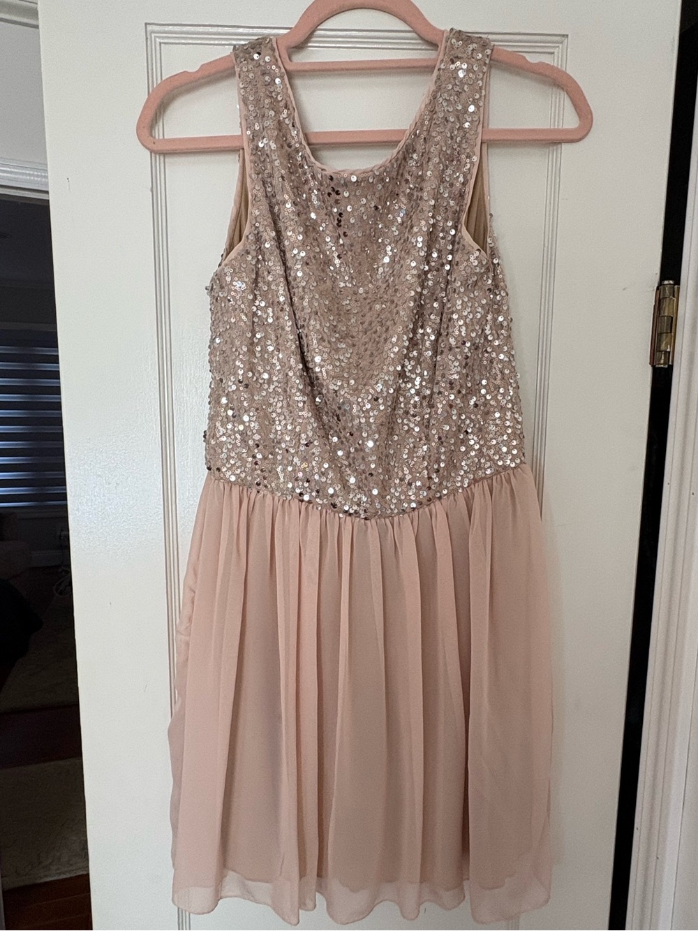 Speechless Champagne Sequin Bodice Blush Chiffon Midi Dress